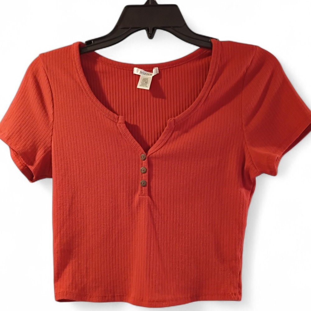 Bozzolo Rust Burnt Orange Cropped Stretch Knit V-Neck ShortSleeve Top Large EUC - Picture 1 of 5